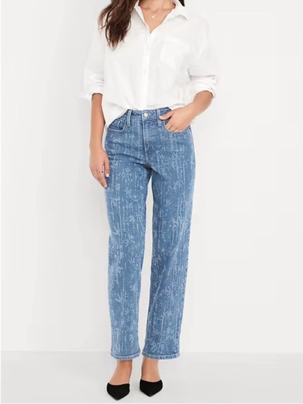 Old Navy High Rise OG Loose Blue Matrix Texture Straight Leg Stretch Jeans Sz 6